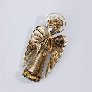 Vintage Signed ART ModeArt Christmas Angel Brooch Pin - Gold Tone, Enamel Holly,
